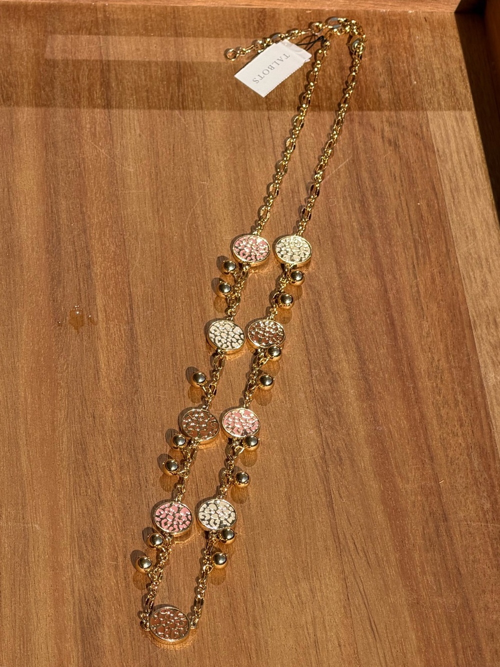 Gold Tone Multi-Disc Necklace with Pink and White Accents